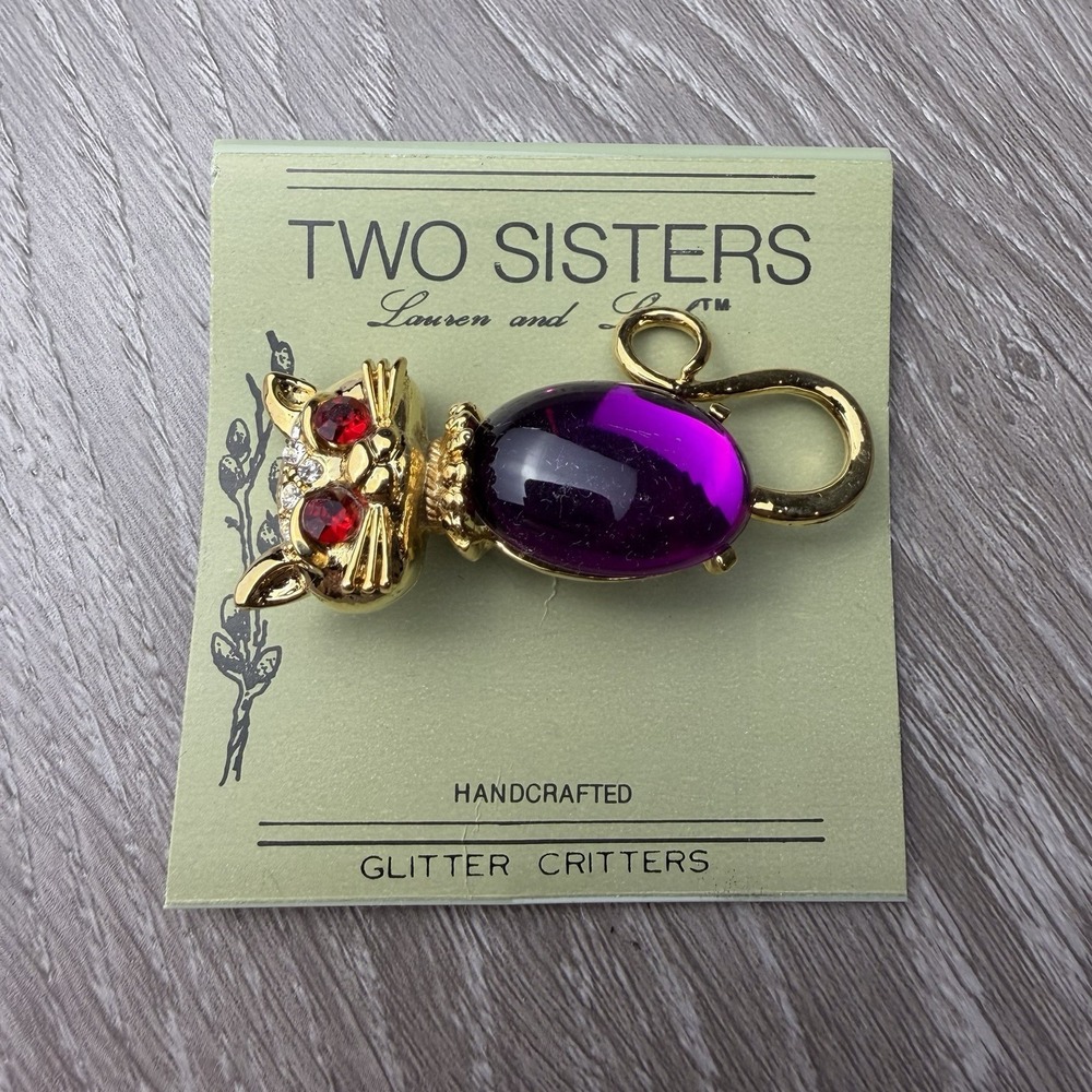 Vintage Two Sisters Glitter Critters Purple Cat Brooch Gold Tone Red Eyes New